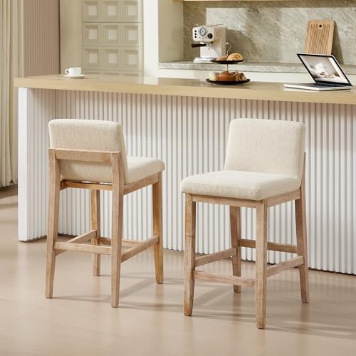 Image of Zesthouse Wood Bar Stools Counter Height Set of 4, 26 inch Modern Bar Stools with Back & Solid Wooden Leg, Mid Century Farmhouse Barstools, Beige Linen High Chairs for Kitchen Island, Antique Brown Finish