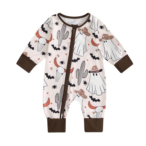 Image of FIOMVA Baby Boy Girl Halloween Outfit Newborn Boo Pumpkin Romper Infant Long Sleeve Jumpsuit Western Fall Winter Clothes
