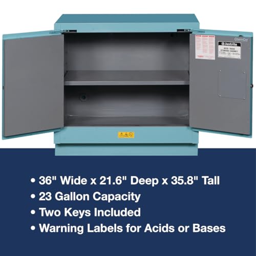 Image of Justrite Acid Corrosive Storage Cabinet - 23 Gallon 2 Door Self Close Chemical Storage Cabinet with ChemCor Coating - 22 inch x 36 inch x 36 inch - Made in The USA - Light Blue - 8837222