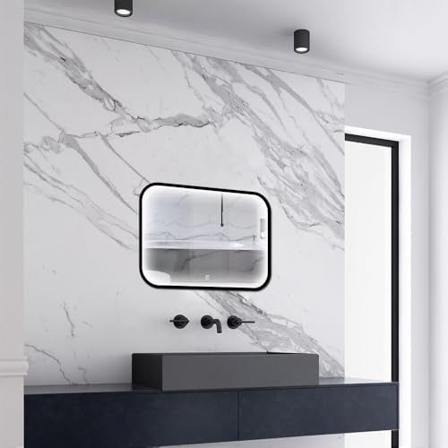 Skybathroom 700x500mm Black Framed Bathroom Mirror with LED Lights Dimmable Demister Touch Sensor Wall Mounted