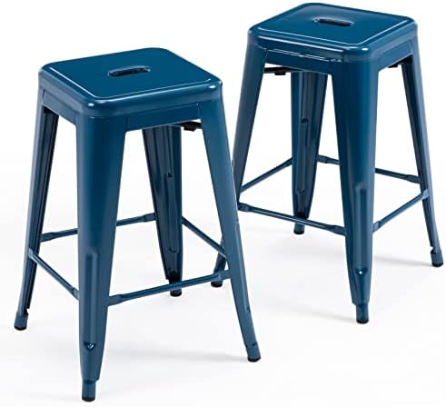 Vogue Furniture Direct 24 Inch Metal Bar stools, Backless Counter Height Barstools, Indoor Outdoor Stackable Stools with Square Seat, Set of 2 (Deep Blue)