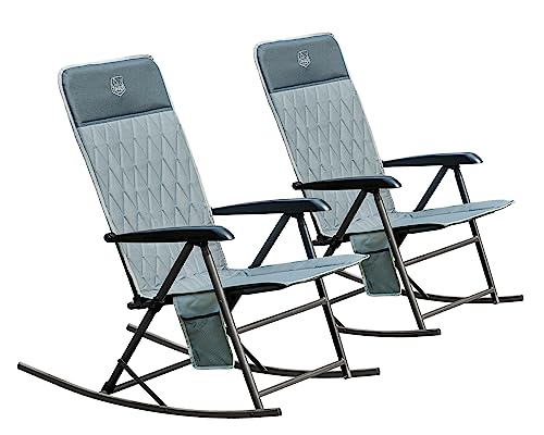 TIMBER RIDGE Adjustable Rocking Camping Chair, Padded High Back Outdoor Rocking Chair with Side Pocket, Portable Folding Rocker Chair for Adults, Supports 300 LBS for Lawn Patio Porch, Grey-2 Pack
