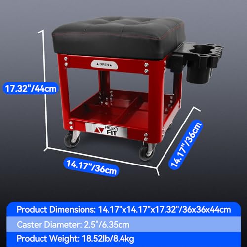 Image of Rolling Creeper Garage Shop Seat for Men, Padded Mechanics Stool with Tool Tray Storage for Garage, Rolling Workshop Stool with Wheels, Auto Creeper Seat, 330 LBS Capacity, Heavy Duty, Red