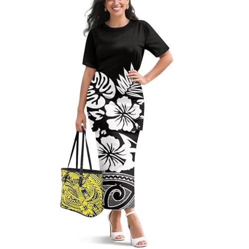 Image of Puletasi Samoan Traditional 2 Piece Outfits for Women Short Sleeve Crop Top and Maxi Skirt Sets Puletasi Dress