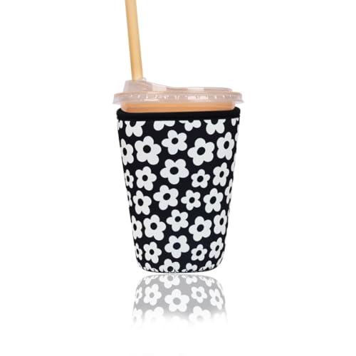Image of Reusable Insulated Sleeve for Iced Coffee Cup, Coffee Neoprene Sleeve for Cold & Hot Drinks, Beverage Holder for Iced Coffee (Black Florals, Small: 16-18oz)