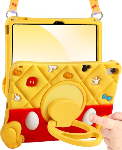 Boaretiu for iPad A16 Case - Red Yellow Soft Silicone Cute Case for iPad 10th Generation 10.9 Inch 2022/11th Generation 11 Inch 2025 Cover with Shoulder Strap Rotating Stand for Kids Boys Girls