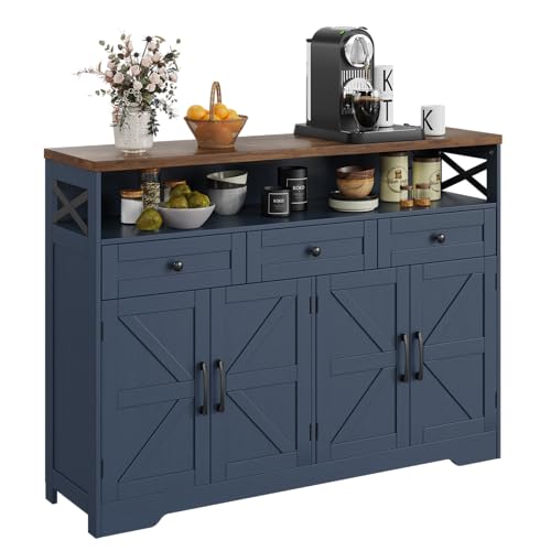 Befrases Farmhouse Buffet Cabinet with Drawers & Open Shelf, Sideboard with Storage, Kitchen Pantry Cabinet Hutch, Coffee Bar Station for Kitchen, Livingroom, 52' L Blue