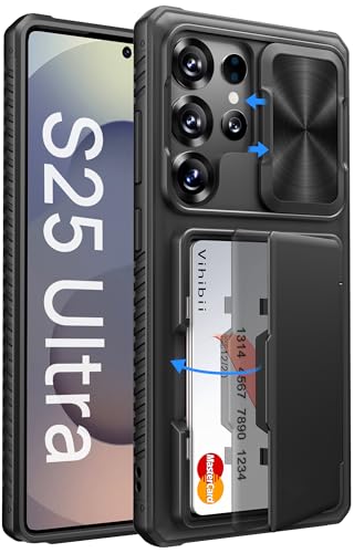 Image of Vihibii for Samsung Galaxy S25 Ultra Case with Card Holder (4 Cards), RFID Blocking & Slide Camera Cover, Military Grade Drop Protection, Rugged Hard Back & Silicone Edge Wallet Case, 6.9 inch 2025, Black