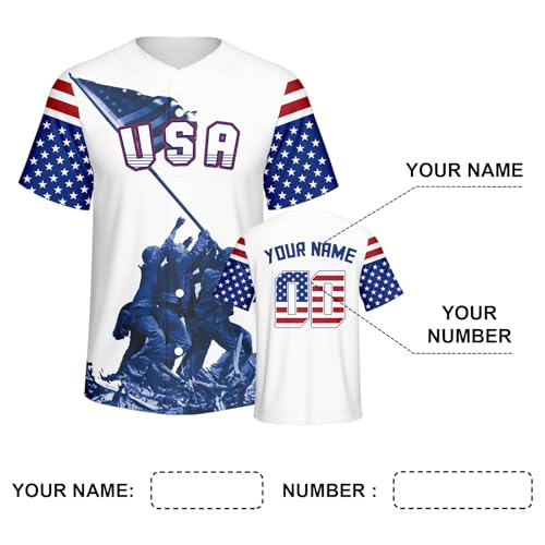 Custom American Flag Baseball Jersey Personalized Name Number Short Sleeve Button USA Shirts Gifts for 4th of July miniatura 3