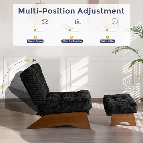 Image of MAXYOYO Accent Chair with Ottoman, Lounge Chair with Adjustable Backrest | Tufted Living Room Chair Upholstered Lounge Chair with Footrest Set, Modern Chair for Reading Room, Black