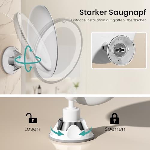 Foto von EMKE Tischspiegel mit Beleuchtung mit 5 Fach Vergrößerungsspiegel, LED Schminkspiegel 360° Schwenkbar mit Saugnapf, Schminkspiegel mit Beleuchtung Tragbarer Kosmetikspiegel für unterwegs（Weiß）