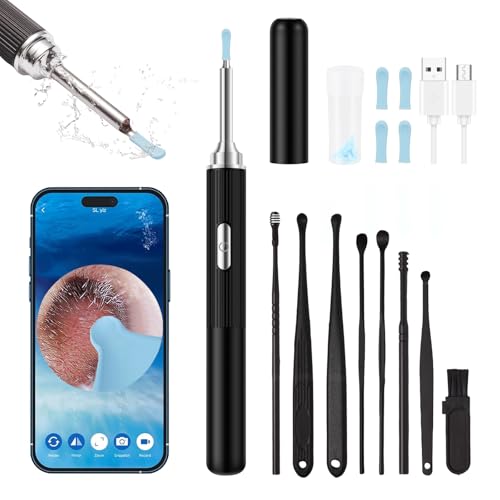 Ear Wax Removal, Earwax Remover Tool with 8 Pcs Ear Set, Ear Cleaner with Camera, Earwax Removal Kit with Light, Ear Camera with 4 Ear Spoon, Ear Cleanning Kit for iOS & Android (Black)