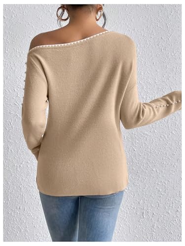 Image of WDIRARA Women's Pearls Beaded One Cold Shoulder Sweater Long Sleeve Asymmetrical Knit Top