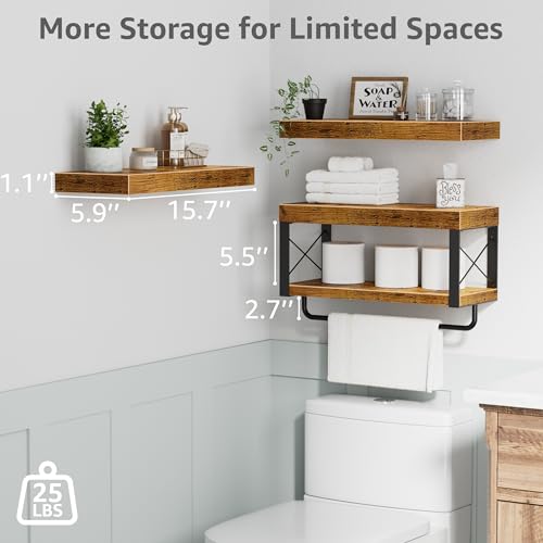 QEEIG Bathroom Shelves Over Toilet - Floating Shelf for Wall Toilet Paper Storage Farmhouse 16 inch Set of 3, Rustic Brown (029-40BN3) - Thumbnail 3
