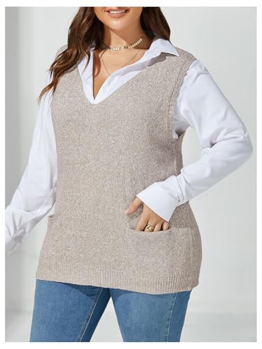 Image of OYOANGLE Women's Plus Size Sweater Vest V Neck Sleeveless Knit Sweaters Pullover Tank Tops with Pocket Beige XX-Large Plus