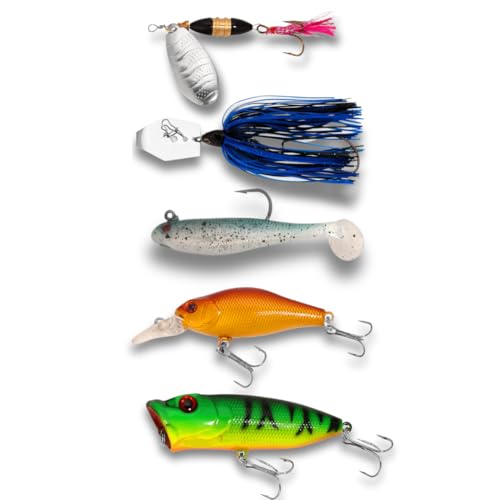 5pc Fishing Lure Set with Assorted Lures, TopWater, ChatterBait, Spinner, CrankBait, Soft Swim Jig, for Most Fishing Scenario's, Grab & Go Lure Box
