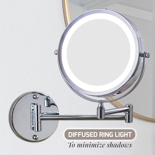 Image of OVENTE 7 inch Wall Mounted Lighted Makeup Mirror, Nickel Brushed MFW70BR1X10X | Cordless Double Sided 1X /10X Magnifying Mirror for Bathroom with LED Lights, 360 Rotation, Extendable Arm, Battery Operated