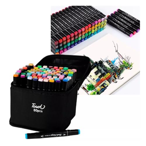 Canetinha Touch 80 Cores - Estojo Profissional de Marcadores com Tampa Codificadas e Ponta Dupla - Conjunto De Marcador Permanente Para Crianças e Adultos para Colorir Pintar Esboçar - Linha Premium