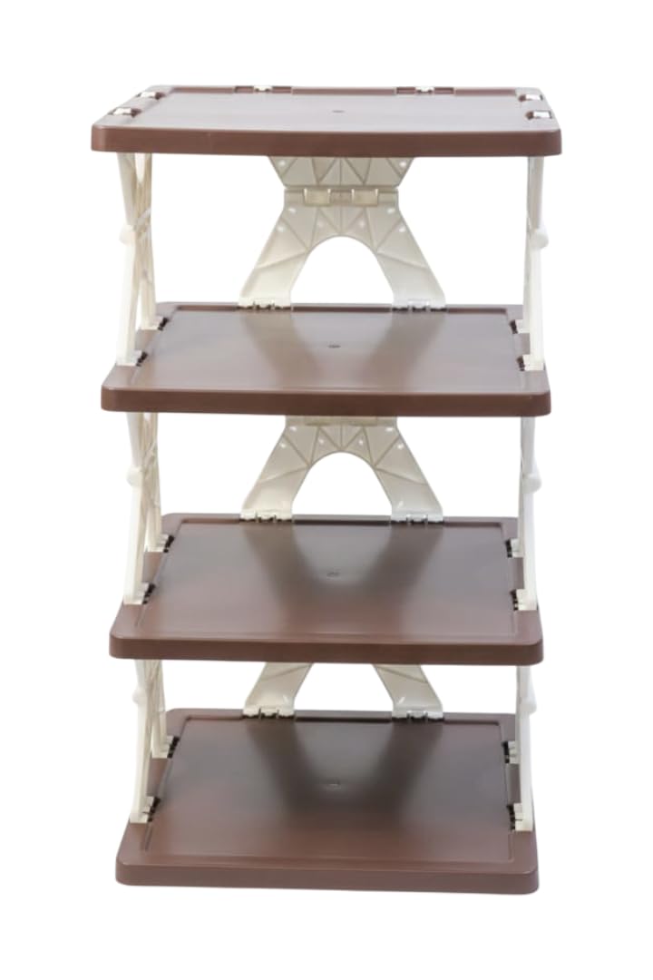Stackable Shoe Storage Organizer, Foldable Cabinet with Adjustable Slots, Easy Clean Tower Rack for Home (Brown-White, 4 Layer)-image-39