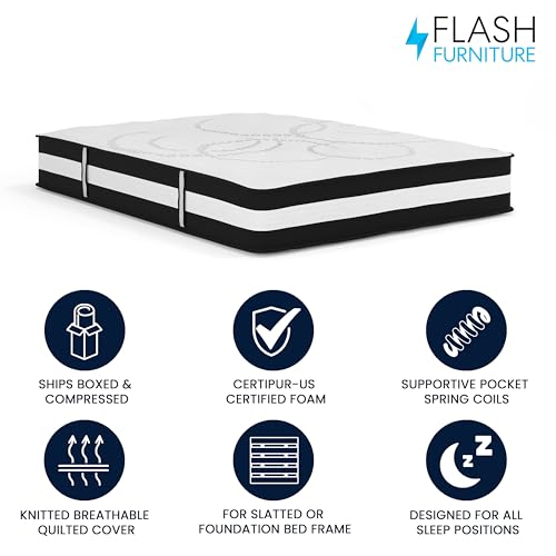 Image of Flash Furniture Capri Comfortable Sleep 12 inch Hybrid Pocket Spring and Foam Mattress, Foam Pocket Spring Hybrid Mattress for Pressure Relief, Queen