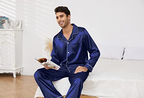 Image of U2SKIIN Mens Silk Pajamas Set, Long Sleeve Satin Pajamas for Men Sleepwear Button Down Pjs Set Two-piece