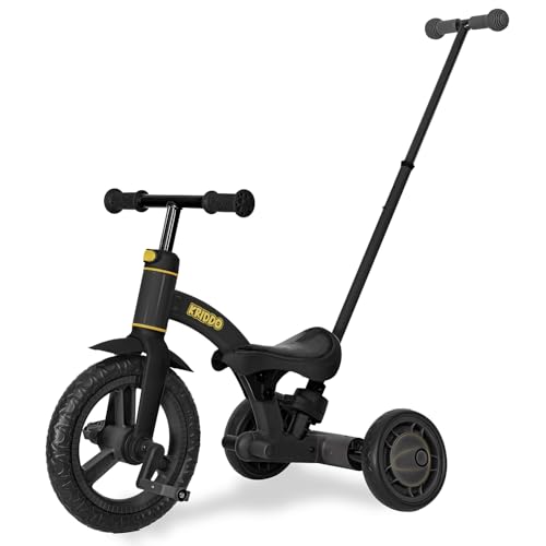 KRIDDO 4-in-1 Kids Tricycle for 1.5 to 3 Yea Old with Parent Steering Push Handle, 12 Inch Front Wheel Trike, Toddler Balance Bike for Boys Girls 18 Month to 3 Years, Adjustable Height, Black