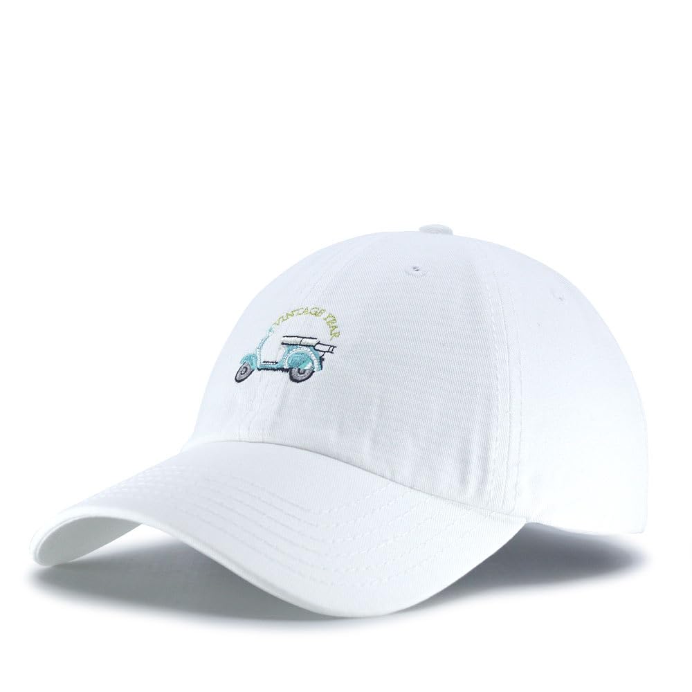 Classic Vintage Car Embroidered Washed Cotton Adjustable Dad Hat Baseball Cap (Scooter White)