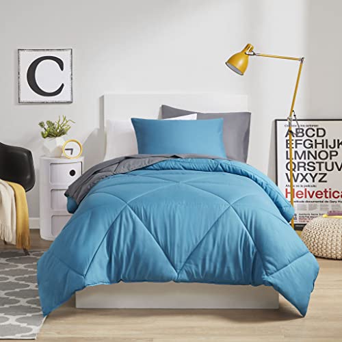 Image of Comfort Spaces Vince Reversible Bed In A Bag - Trendy Casual Geometric Quilted Cover, All Season Down Alternative Cozy Bedding, Matching Sham, Twin, Reversible Teal /Charcoal 6 Piece
