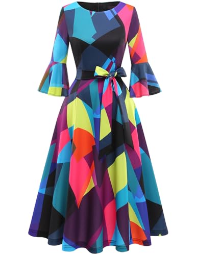 Image of HomRain Women's Church Dresses Modest Bell Sleeve Wedding Guest Cocktail Tea Party Vintage Evening Dress