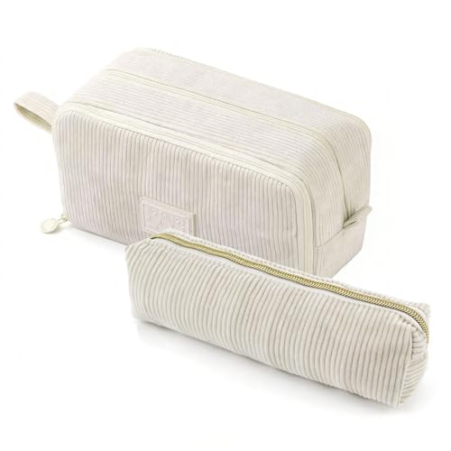 Gokemuak 2er Federmäppchen Cord-Stoff, Großes Klein Federtaschen Mäppchen mit 3 Fächer Schulmäppchen, Federtasche Stiftetasche Stiftemappe, Pencil Case für Schule Büro Teenage (Beige)