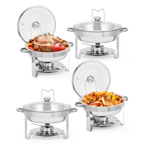 Garvee Chafing Dishes for Buffet Set of 4, 5 QT Round Buffet Servers and Food Warmer Set with Glass Lid, Holder & Drip Tray, Stainless Steel Chafers f