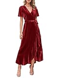 Miessial Women's Velvet Maxi Dress Retro Faux Wrap V-Neck Long Evening Dress Cocktail Party Dress Velvet-Wine Red 14