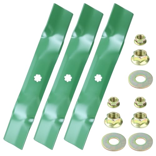 POSEAGLE 3 Pack GY20852 Lawn Mower Blades with Blade Nuts for John Deere D140 E160 E170 S140 S160 S170 LA140 LA145 Z355 Replaces John Deere 48 inch Mower Blades GX21785 AM141035 AM137757 High Lift