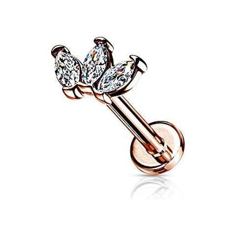 Pierced Owl 16G Stainless Steel Internally Threaded Triple Marquise CZ Crystal Top Flat Back Labret Monroe Lip Cartilage Helix Conch Ear Lobe Barbell Stud Cover