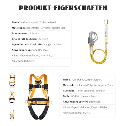 Magicbox Fallschutz Auffanggurt mit Verdickte Lendenwirbelstütze,180cm 150kg für Outdoor Baumklettern Bergsteigen Rettungsdienst Fallschutz Auffanggurt Absturzsicherung Sicherheitsgurt Set