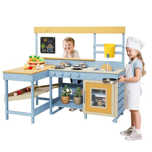 2 in 1 Outdoor Wood Mud Kitchen for Kids, Wooden Play Kitchen w/Picnic Table, Removable Sink & Faucet, Chalkboard, Storage Shelves&Pretend Stove, To