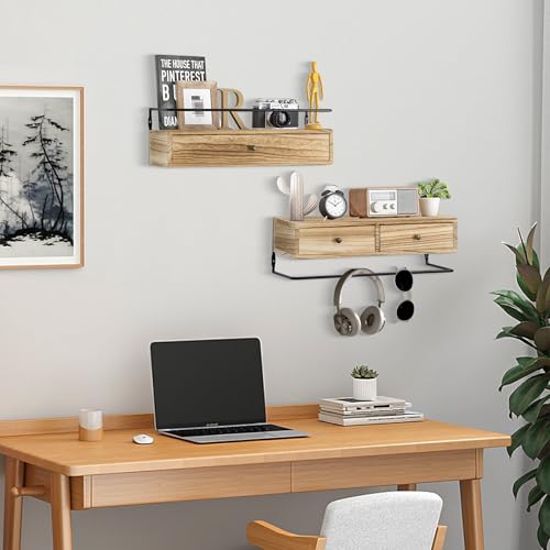 dreampossible Floating Shelves for Wall Storage, Wall Mounted Bathroom Shelf with Drawers Set of 2, Rustic Wood Wall Shelves for Bedroom, Living Room, Kitchen, Home Decor, Plants, Books - Thumbnail 5