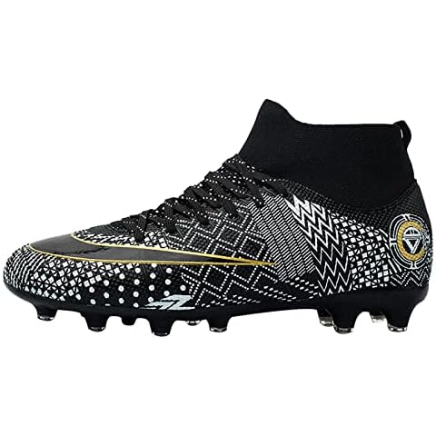 YuanDiann Mens Football Boots Cleats Soccer Shoes High Top Trainers Teenager Outdoor Sport Athletics Spikes Professional Competition Turf Training Black 4 UK Cover
