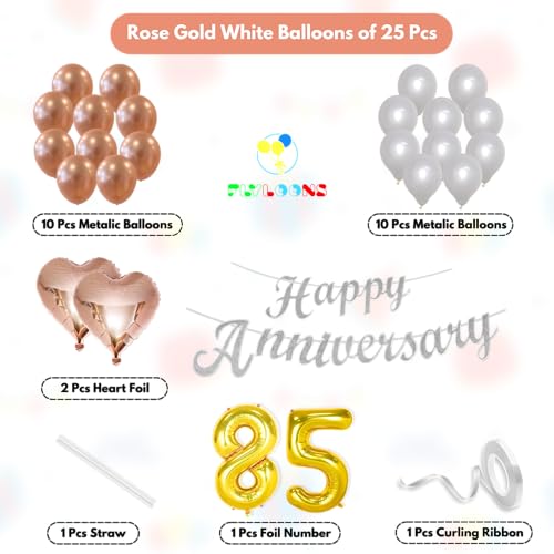 Image of Flyloons 85th Happy Anniversary Decoration Items Rose Gold White for Men Women Husband Wife Mom Dad Parent Couple Home Bedroom Car With 20 Pcs Metallic Balloons Anniversary Banner 2 Pcs Heart Set Kit