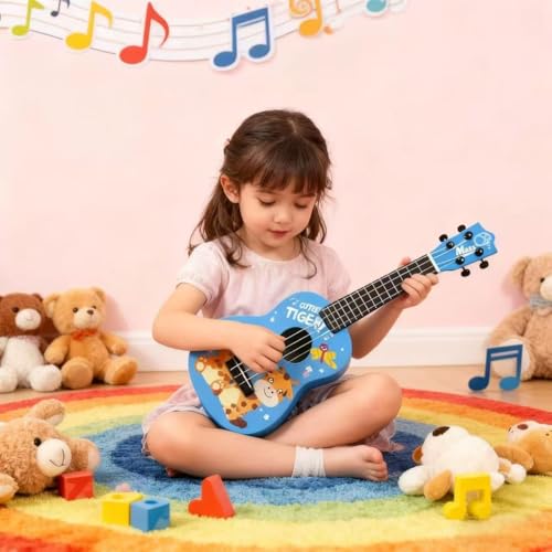 Gitarre für Kinder, 42cm Kindergitarre, Musikspielzeug Ukulele Instrument, Stimmbare Nylonsaiten, Kindergitarre Musikinstrumente, Mit 4 Verstellbaren Saiten und Plektren, für Kinder (Tiefblau)