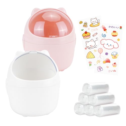 Image of 10Pcs Mini Desktop Trash Can with Lid Set, 2 Cute Small Garbage Cans with 6 Rolls Garbage Bags and 2Pcs Stickers, Countertop Dustbin Storage Bin for Desk Bedroom (White & Pink)