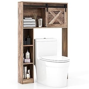 GOPLUS Toiletkast met opbergvakken, houten toiletrek met schuifdeur, badkamerkast, vintage badkamerrek, wasruimte, 84 x 17 x 128 cm, bruin