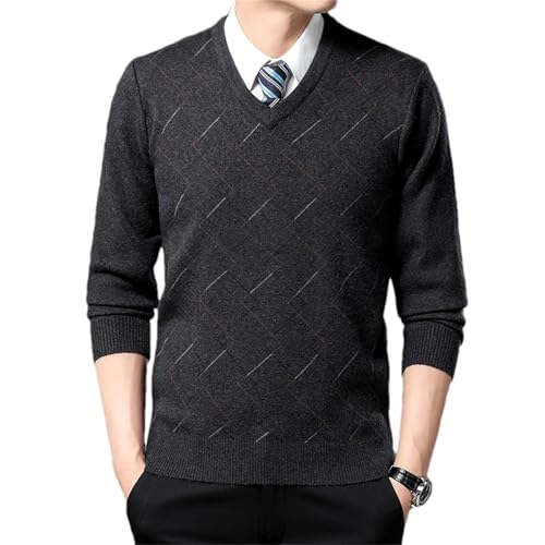 Men'S Retro Sweater Pullover Knitted V-Neck Thick Autumn and Winter Plaid Business Long-Sleeved Sweater