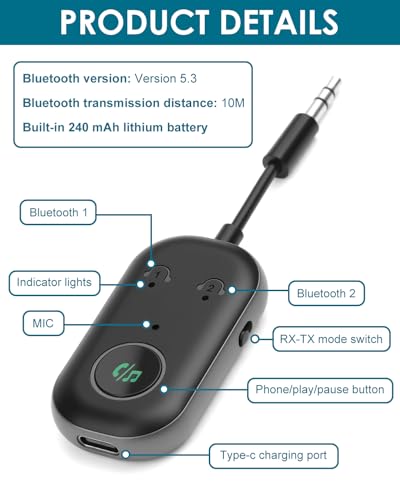 Transmisor Receptor Bluetooth 5.3, AUX Wireless Adaptador Bluetooth 2 en 1 para TV, Adaptador Emisor con Jack de 3,5 mm, para TV/PC/Estéreo/Auriculares/Coche, con Doble Conexión - imagen 6