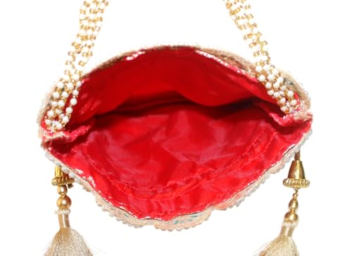 Image of MILAN'S CREATION Pure Banarasi Potli Silk Brocade Bag Purse Drawstring Women's handbag with Pearl Handle & Tassel Weddings