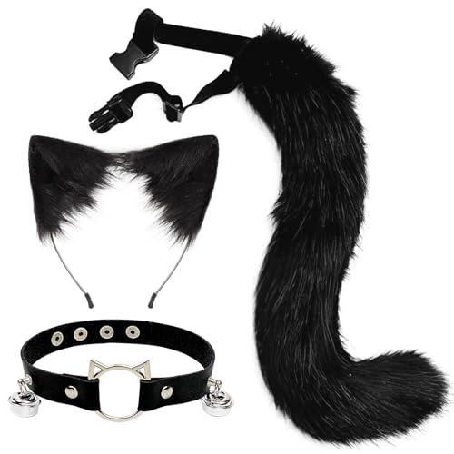 3-Teiliges Set Katzenkostüm, Katzenohren Haarreif, Katzenkostüm Damen Erwachsener Set mit Plüsch Schwarz, Katzenschwanz und Katzenohren Halsband...