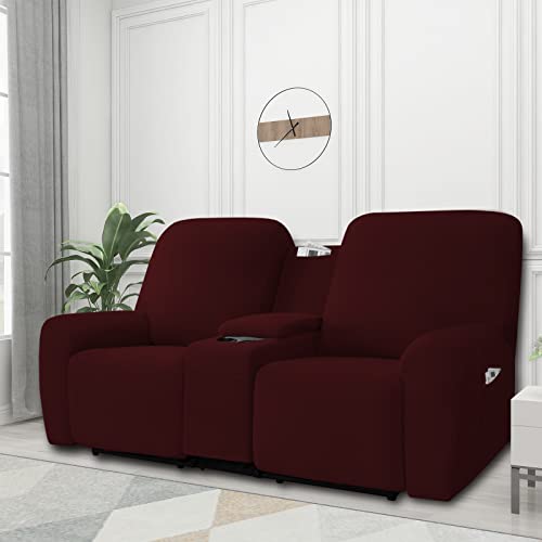 Image of Easy-Going Stretch Recliner Loveseat Cover with Center Console Sofa Slipcover Soft Fitted Fleece 2 Seats Couch with Holder and Storage Washable Furniture Protector Wine