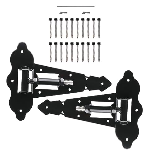 Advantage Industries 8 Self-Closing T Hinge | Industrial Stainless-Steel Gate Hinge | Horizontal Adjustable | Heavy-Duty Enclosed Spring | 2-Side Gate Attachment | Wood Gate Hinge (Pair) Black