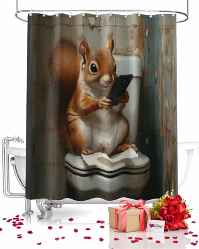 Image of ALAGEO Shower Curtain Squirrel Sits on The Toilet Shower Curtains for Bathroom Decor Funny Squirrel Bathroom Curtains with Hooks for Home Decor Waterproof Fabric Extra Long 72" X 96"