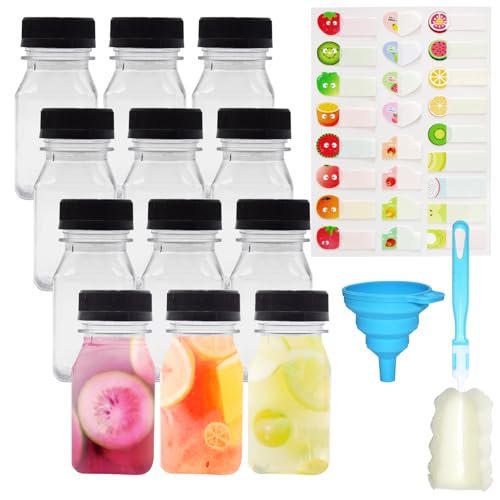 LXBCTOP 12 Stück 120ml Leere Saftflaschen Aus Kunststoff, Wiederverwendbare Leere Smoothie Flasche, Haben ReinigungsbüRste, Trichter Und Fruchtaufkleber, FüR Saft, Milch, Hausgemachte GeträNke